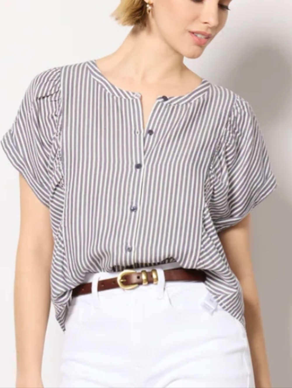 Splendid Ella Striped Blouse Front Buttons Ruffle Details Shoe Sleeve L Casual